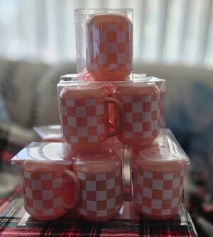 Pink Checkered Plastic Cold Cups Set of 2 w Handles & Straws 14.6oz Tumblers